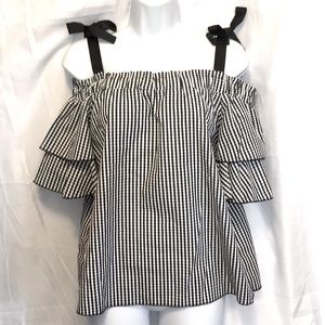 Tempted Black White Off Shoulder Gingham Ribbons M